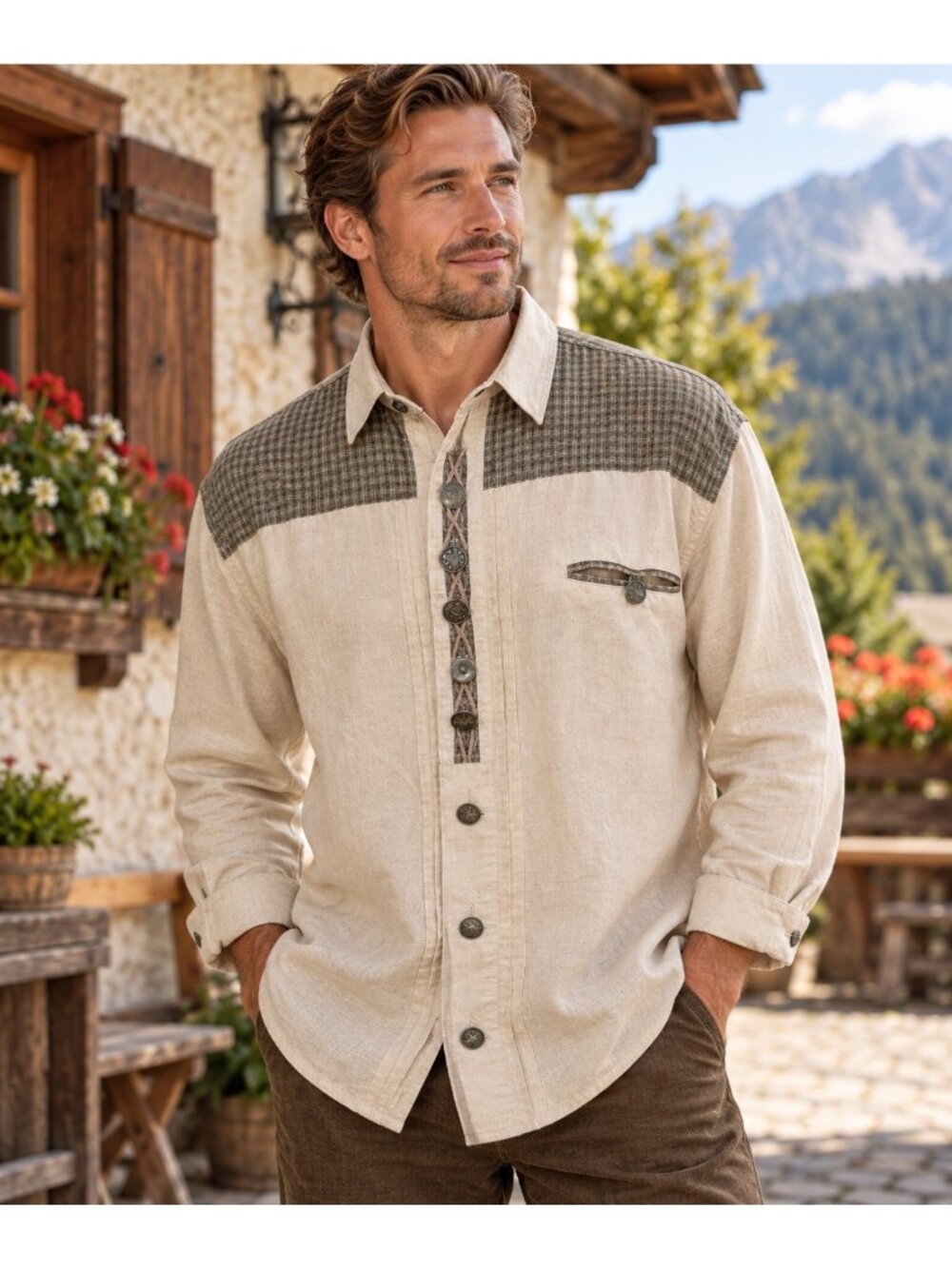 Hammerschmid Trachten Shirt 41 100% Linen Beige Plaid Coin Buttons Oktoberfest